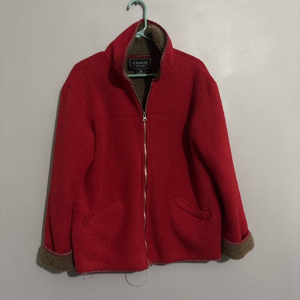 Coaco New York Jacket Red with Brown Fleece Trim and Lining Nice Women's Med